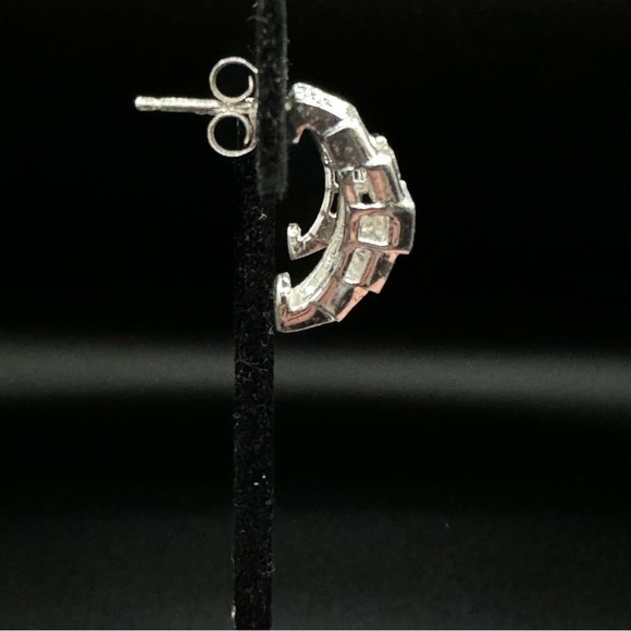 Sparkly Rhodium Plated CZ Half Hoop Huggie Earrings - Pierced - Picture 12 of 12